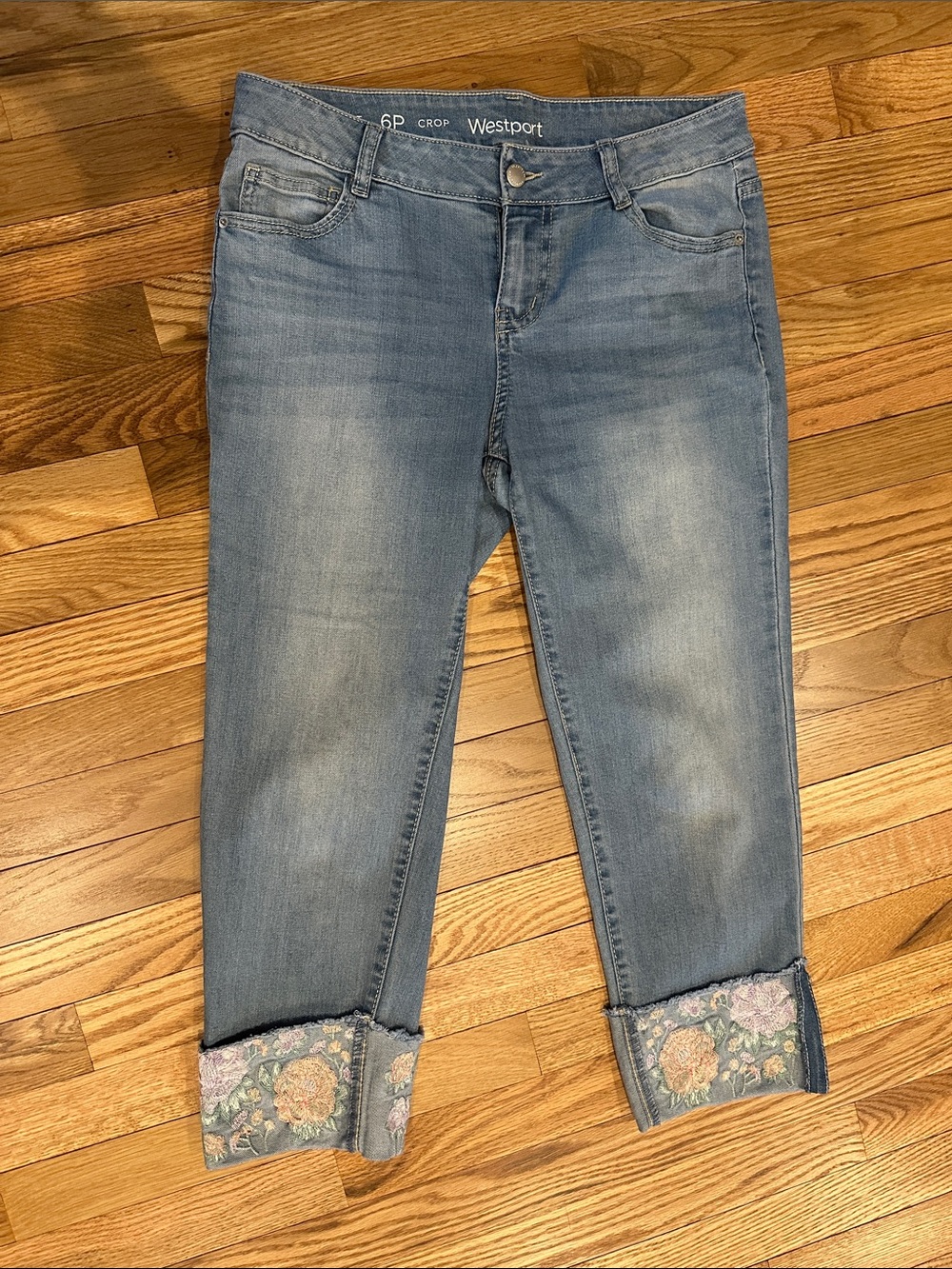Westport Light Blue Cropped Jeans with Floral Embroidered Cuffs-6P